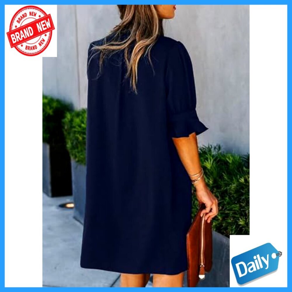 Knee-Length V-Neck Shift Dress with Ruffle Sleeves, Polyester Casual Summer Wear - Picture 3 of 7